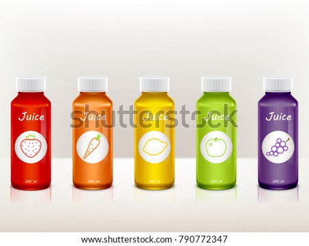 Vector set of realistic juice bottles isolated on background. Plastic colorful containers for fruit and vegetable drinks with labels, grape, lemon, apple, carrot, strawberry. Mockup for package design