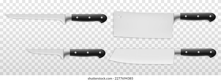 Vector set of realistic kitchen knives on an isolated transparent background. Knife png. A variety of png knives. Kitchen appliances.