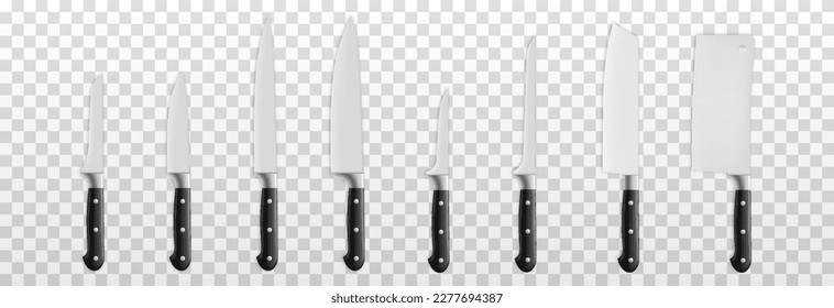 Vector set of realistic kitchen knives on an isolated transparent background. Knife png. A variety of png knives. Kitchen appliances.