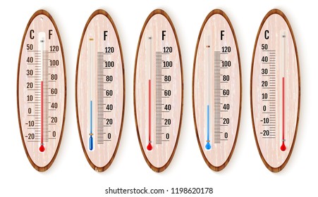 Vector set of realistic liquid thermometers with celsius and fahrenheit scales, red and blue indicator. Vector illustration