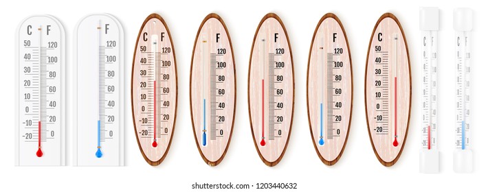 Vector set of realistic liquid thermometers with celsius and fahrenheit scales, red and blue indicator. Vector illustration