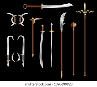 Vector set of realistic medieval chinese edged weapons. Colored images on black background. Icons or graphic design elements.