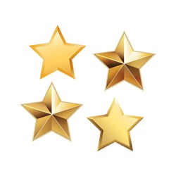Vector Set Of Realistic Metallic Golden Stars Isolated On White Background. 
Glossy Yellow 3D Trophy Star Icon. Symbol Of Leadership.