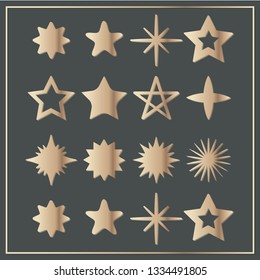 Vector set of realistic metallic golden stars isolated on white background. Glossy yellow 3D trophy star icon. Symbol of leadership.