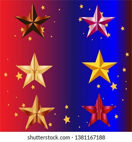 Vector set of realistic metallic golden stars isolated on white background. Glossy yellow 3D trophy star icon. Symbol of leadership