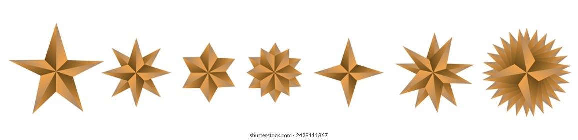 Vector set of realistic metallic golden stars isolated on white background. Glossy yellow 3D trophy star icon. Symbol of leadership.