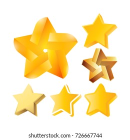 Vector set of realistic metallic golden stars isolated on white background. 
Glossy yellow 3D trophy star icon. Symbol of leadership.