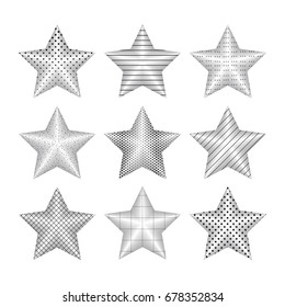 Vector set of realistic metallic silver stars isolated on white background. 
Glossy ornate 3D trophy star. Symbol of leadership.