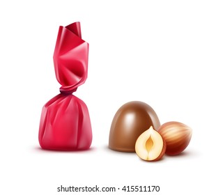 Vector Set of Realistic Milk Chocolate Candies with Hazelnuts in Dark Pink Glossy Foil Wrapper Close up Isolated on White Background