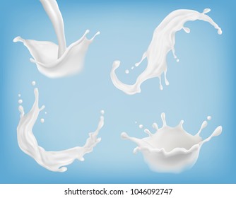 Vector set of realistic milk or yogurt splashes, flowing cream, abstract white blots, milky swirls isolated on blue background. Clipart for package design of natural, organic dairy products