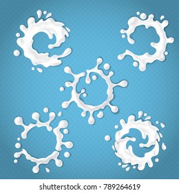 Vector set of realistic milk or yogurt splashes with drops, abstract white blots of dairy products isolated on blue transparent background. Blank milky labels for your product design