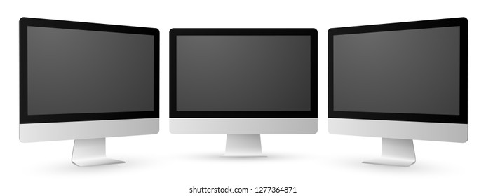 Vector set of realistic modern slim shaded computer screens on white background.