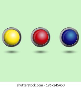 Vector set of realistic multicolored buttons. yellow, red, and blue 3d buttons with a metallic outline. Elements and props for web design and apps. Stock image. EPS 10 isolated on light background
