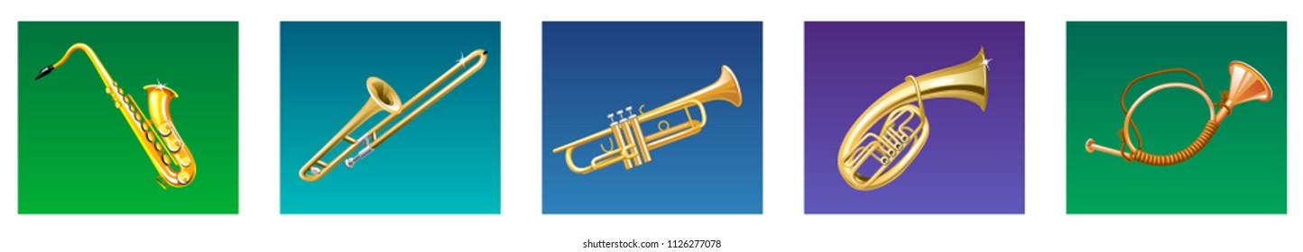 vector set of realistic musical instruments trumpet saxophone flute trombone trumpet brass