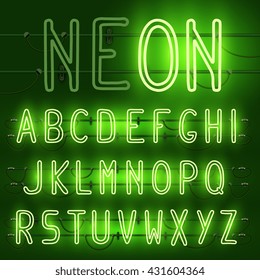 Vector Set Of Realistic Neon Letters Of The English Alphabet With Wires On Green Background. Glowing Neon Light Latin Alphabet Font. Type Letters, Neon Tube Letters On Dark Background. Lights On, Off