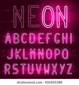 Vector Set Of Realistic Neon Letters Of The English Alphabet With Wires On Red Background. Glowing Neon Light Latin Alphabet Font. Type Letters, Neon Tube Letters On Dark Background. Lights On Or Off