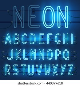 Vector set of realistic neon letters of the english alphabet with wires on blue background. Glowing neon light latin alphabet font. Type letters, neon tube letters on dark background. Lights on or off