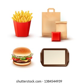 Vector Set Of Realistic Objects For Fast Food Restaurant With Paper Packages For Takeaway, Red Box With French Fries, Cheeseburger And Brown Plastic Tray Isolated On White Background