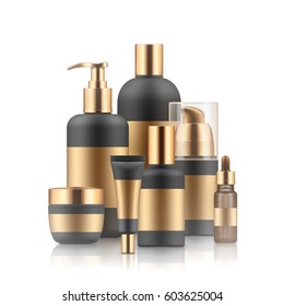 Vector set of realistic package for luxury cosmetic product. Blank templates of cream tube, bottles for body lotion or shampoo, vial with dropper for essence. Golden and black empty plastic containers