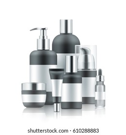Vector set of realistic package for luxury cosmetic product. Blank templates of cream tube, bottles for body lotion or shampoo, vial with dropper for essence. Golden and black empty plastic containers