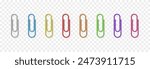 Vector set of realistic paper clips png. Clamping clamps. Multi-colored paper clips png.