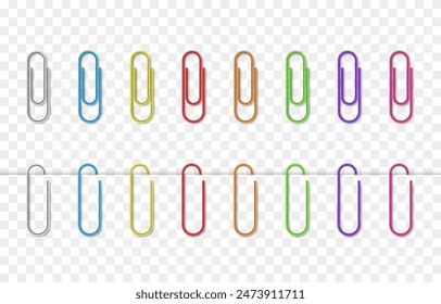 Vector set of realistic paper clips png. Attached paper clips, paper clips. Multi-colored paper clips png.