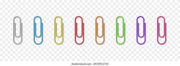 Vector set of realistic paper clips png. Clamping clamps. Multi-colored paper clips png.