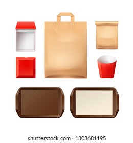 Vector set of realistic paper packaging for fastfood restaurants with plastic brown tray with advertising space isolated on white background