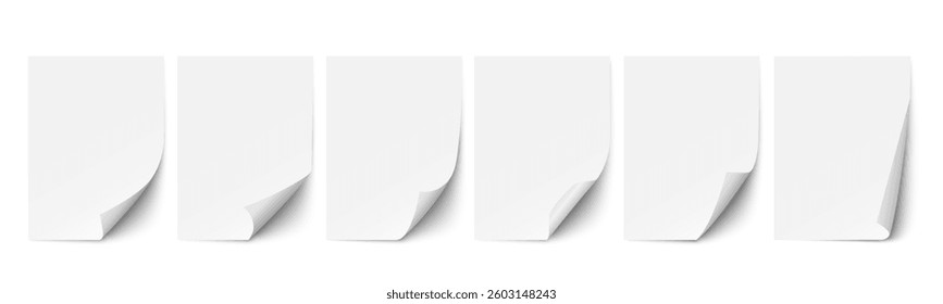 Vector set of realistic paper page with curly corners. White vertical paper sheet bent angle or bookmarks with creased angles. Isolated leaf of magazine, sticker curved,document rolled borders