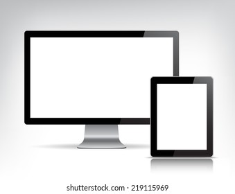 vector set of realistic personal computer and tablet, monitor and ipad, white monitors