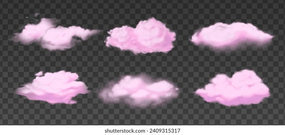 Vector set of realistic pink clouds isolated on transparent background