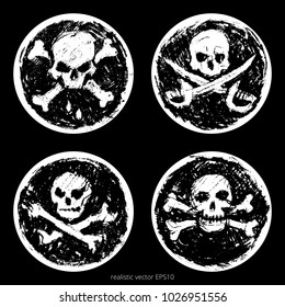 Vector set of realistic pirate Black Spots. Collection of vintage classic Jolly Roger signs. Charcoal sketches of the skulls and crossbones with a crossed boarding cleavers. Isolated round stickers.