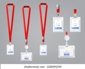 Vector set of realistic plastic badges, holders with metal clips and red lanyards, ID cards for presentation or conference visitors, press, media, office employees isolated on gray background - Powered by Shutterstock - Get 15% off with code: PIKWIZARD15