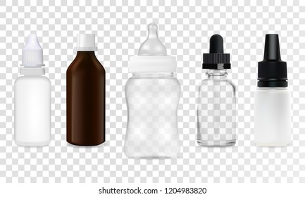 Vector set realistic plastic and glass pharmaceutical medical bottle lid mockup set. 3d blank white, transparent colored packaging templates