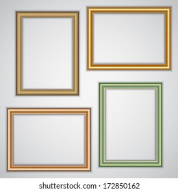 Vector set of realistic plastic and metallic portrait frame templates on the wall
