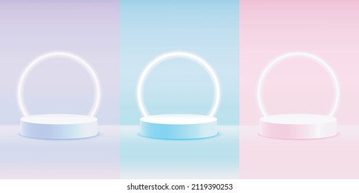Conjunto de vectores de plataforma de podio realista con color púrpura, azul y rosa y neón en etapa abstracta para la colocación y visualización de productos.
