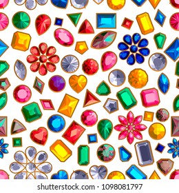 Vector set of realistic precious stones jewels isolated on white background with different cuts. Princess, Round , Emerald, Oval, Pear, Heart cut jewel. Seamless background