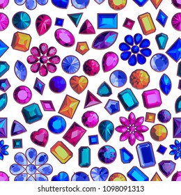 Vector set of realistic precious stones jewels isolated on white background with different cuts. Seamless background