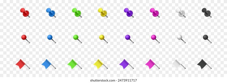 Vector conjunto de empujadores realistas png. Png con pasadores multicolores. Pushpin en forma de pin o bandera.
