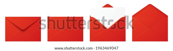 Vector set of realistic red envelopes in\
different positions. Folded and unfolded envelope mockup isolated\
on a white background.