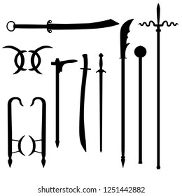 Vector set of realistic silhouettes of medieval chinese edged weapons isolated on white background. Icons or graphic design elements.