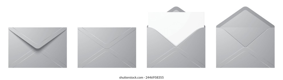 Vector set of realistic silver color envelopes in different positions. Folded and unfolded luxury envelope mockup isolated on a white background.