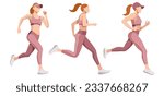 vector set of a realistic slender girl in a sports uniform (leggings and a sports bra) is engaged in fitness, sports, trains isolated on a white background. woman runs. morning run. jogging. marathon