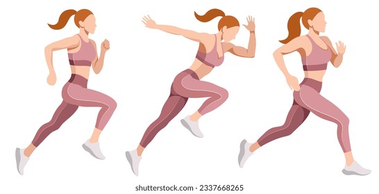 vector set of a realistic slender girl in a sports uniform (leggings and a sports bra) is engaged in fitness, sports, trains isolated on a white background. woman runs. morning run. jogging. marathon