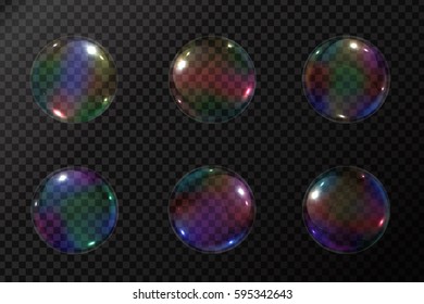 Vector set of realistic soap bubbles on the transparent background