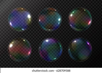 Vector set of realistic soap bubbles on the transparent background.
