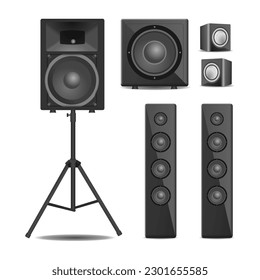 Vector set of realistic speakers of various size and center audio device isolated illustration