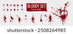 Vector set with realistic splashes and blood stains on transparent background. Big bloody marks and smudges. Dynamic blood splashes. large set traces of fresh blood. Realistic set numerous red spots