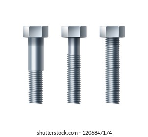 Vector set of realistic steel hex bolt with partly or threaded body under head, isolated on white background