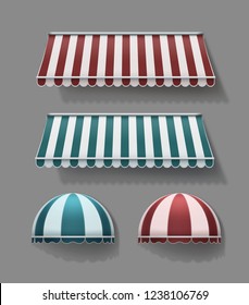 Vector Set Of Realistic Striped Retractable Horizontal And Rounded Awnings In Red And Turquoise With White Colors Isolated On Background